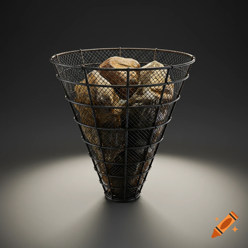 A black metal mesh container shaped like an inverted cone filled with brown and gray rocks, set against a dark background.