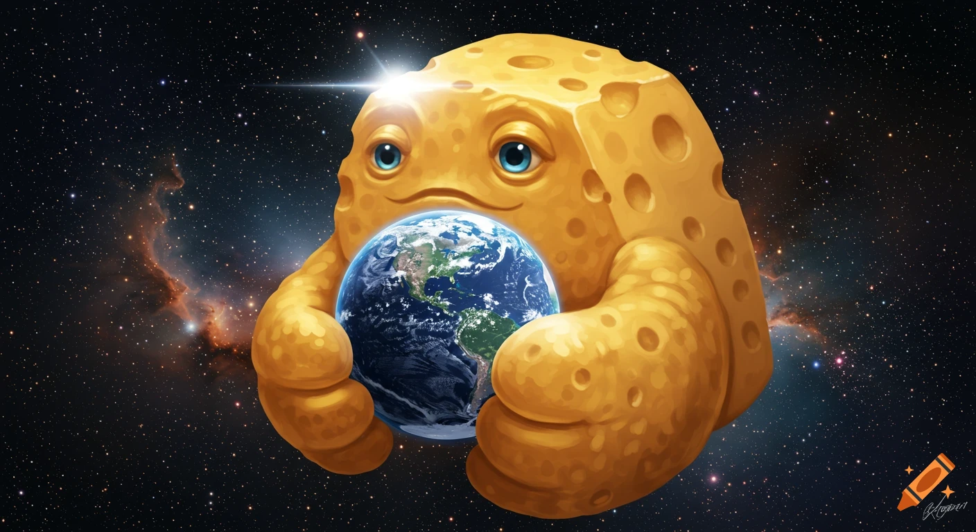A cartoonish cheese monster with holes holding planet Earth in a starry galaxy.