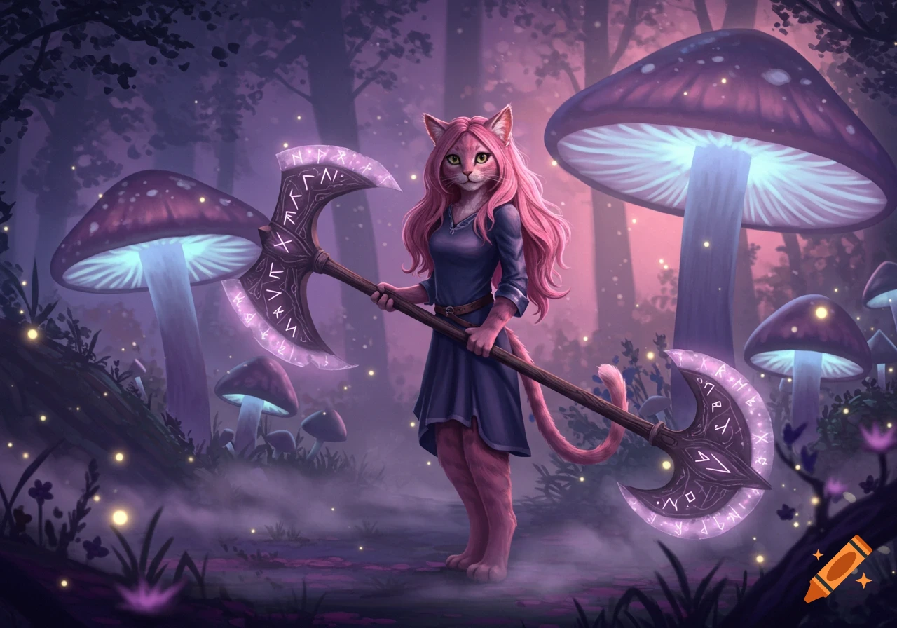 A pink-haired cat-girl stands in a mystical, purple-lit forest with glowing mushrooms, holding a large axe adorned with runes.