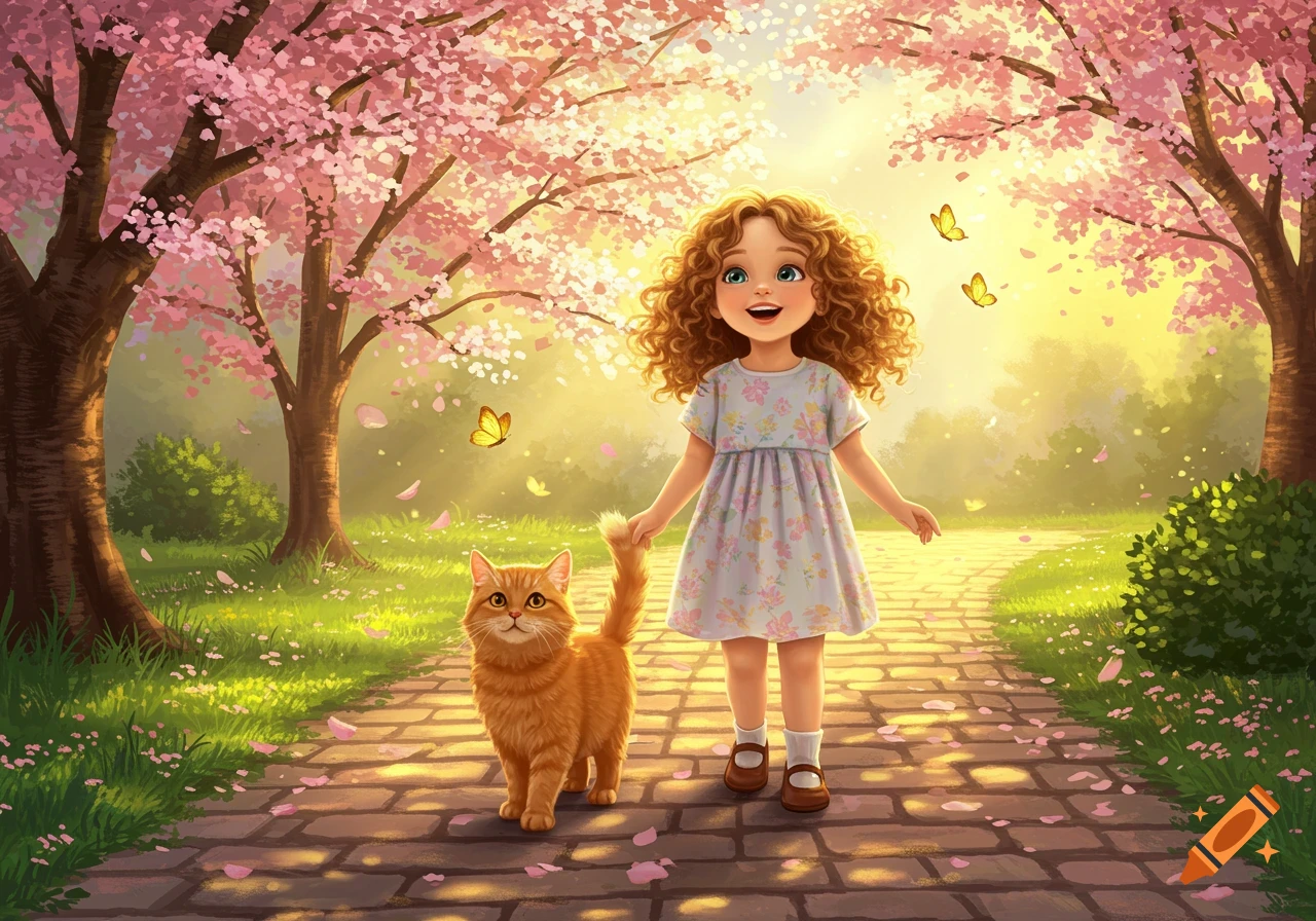 Illustrated scene of a cheerful girl and a ginger cat walking on a path under blooming cherry blossom trees.