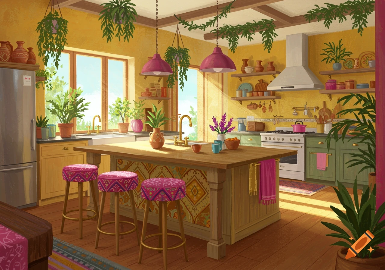 A vibrant bohemian kitchen with yellow walls, fuchsia accents, an island with patterned bar stools, and many plants.