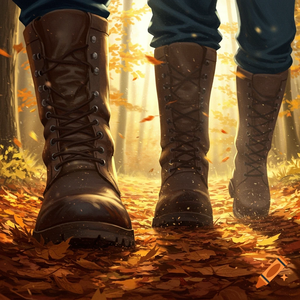 Two people in brown boots walk through a sunlit forest covered in fallen autumn leaves.