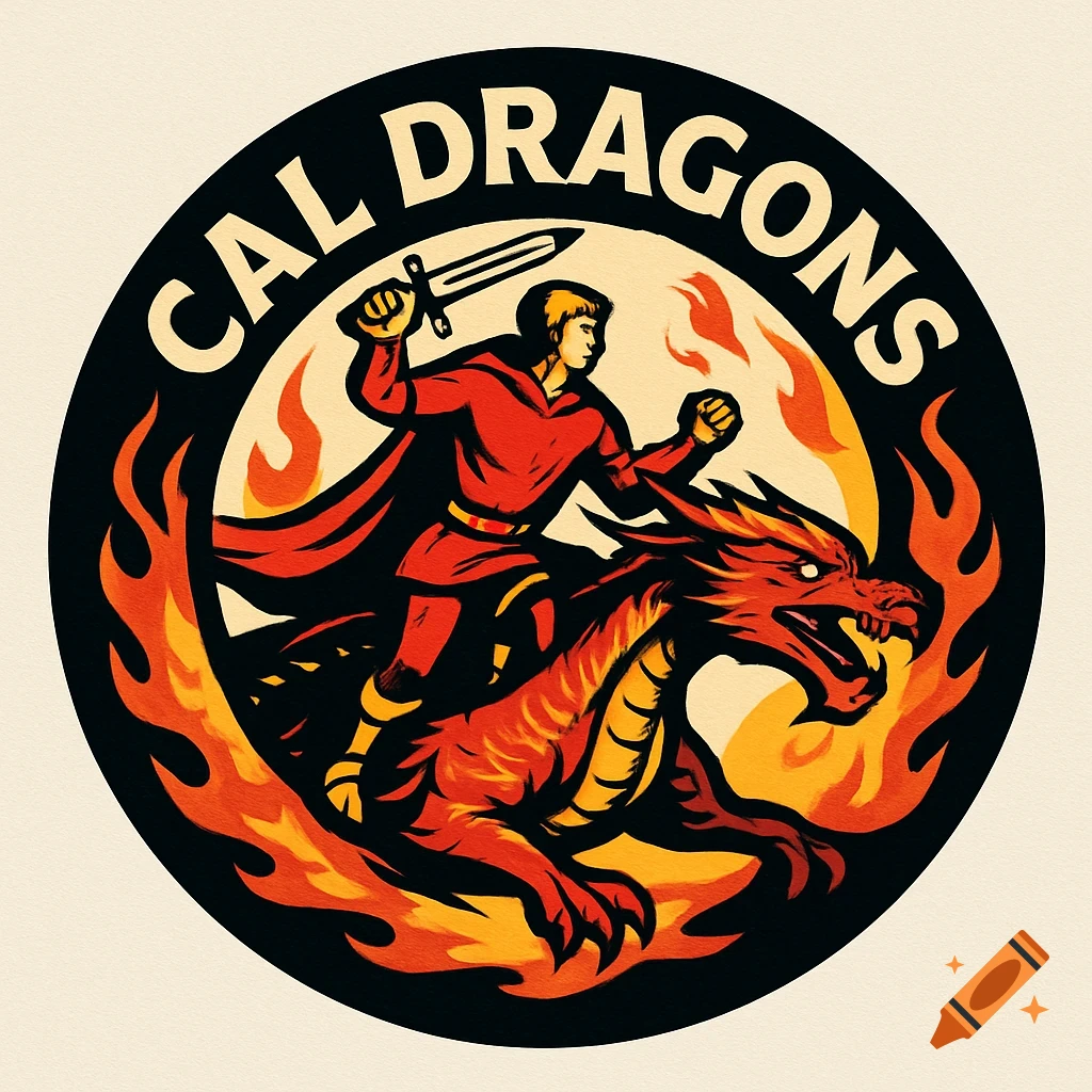 A circular logo depicts a man with a sword riding a red dragon amidst orange and yellow flames, with the text "CAL DRAGONS" at the top in a bold sans-serif font.