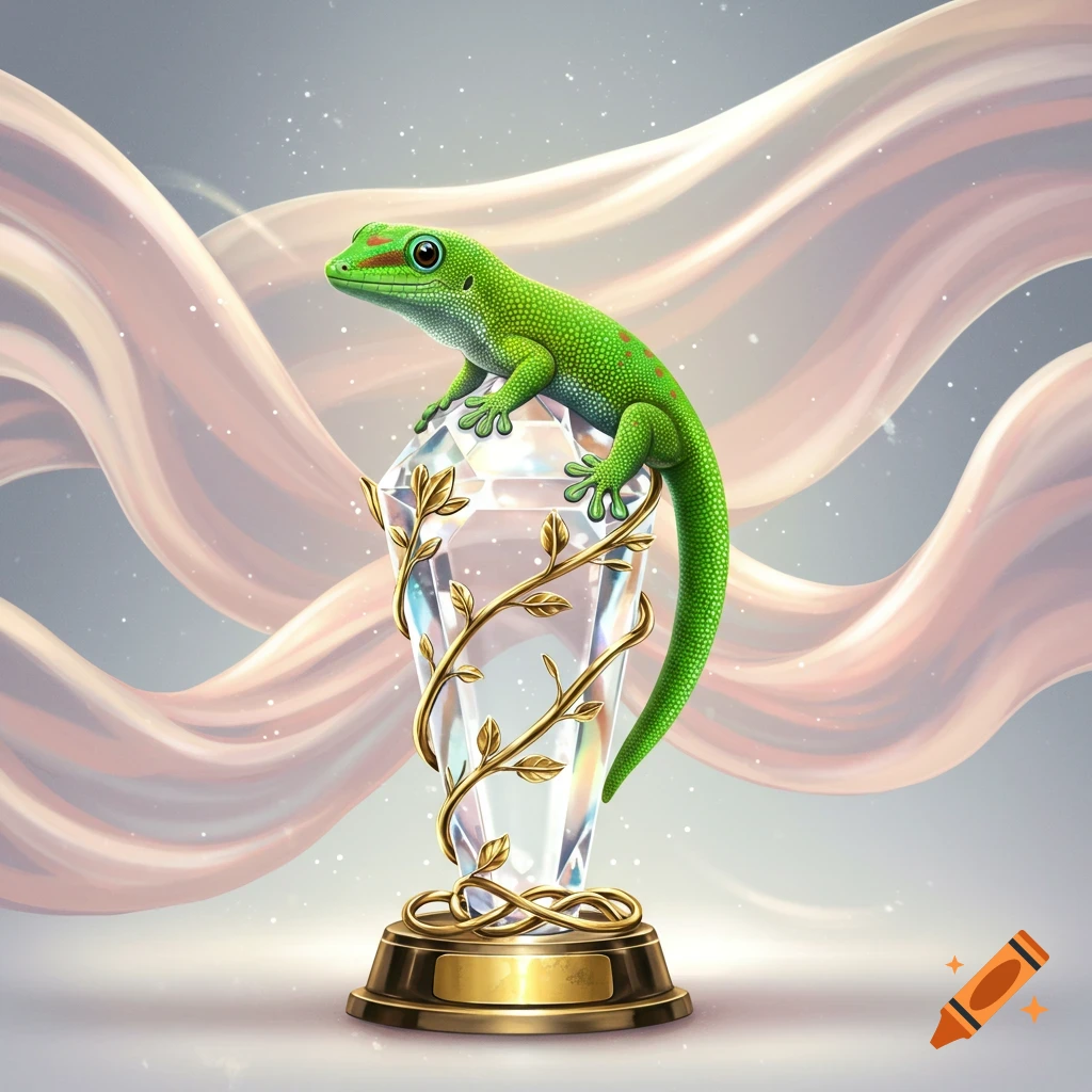 A vibrant green gecko with red spots perches on a clear crystal trophy with gold vines against a flowing pink fabric background.