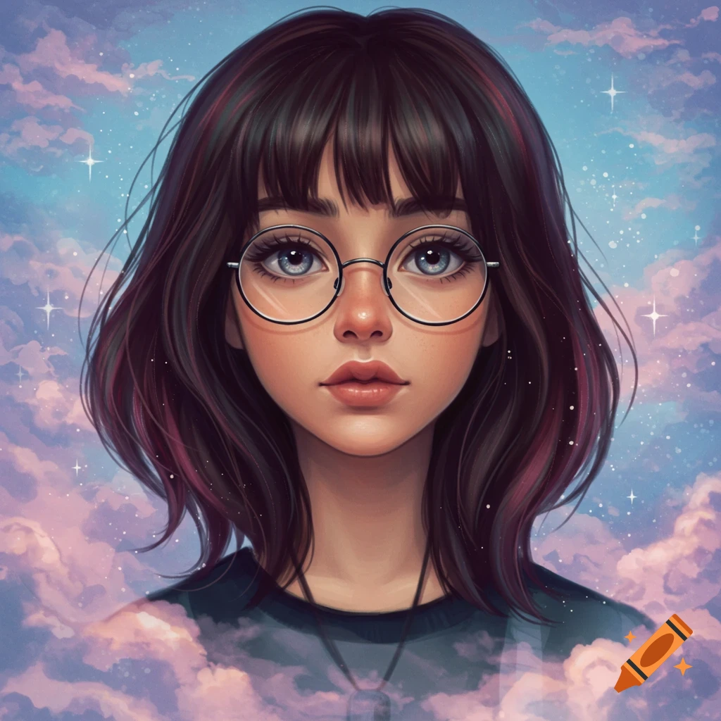 Anime-style portrait of a girl with short brown hair, round glasses, and blue eyes against a pastel sky with clouds.