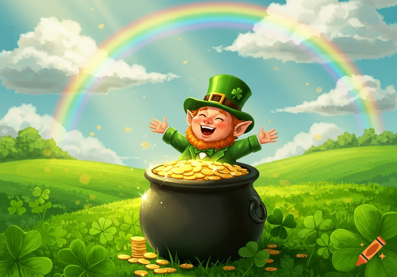 A happy leprechaun sitting in a pot of gold, smiling with arms open, under a rainbow in a vibrant green field with clovers.