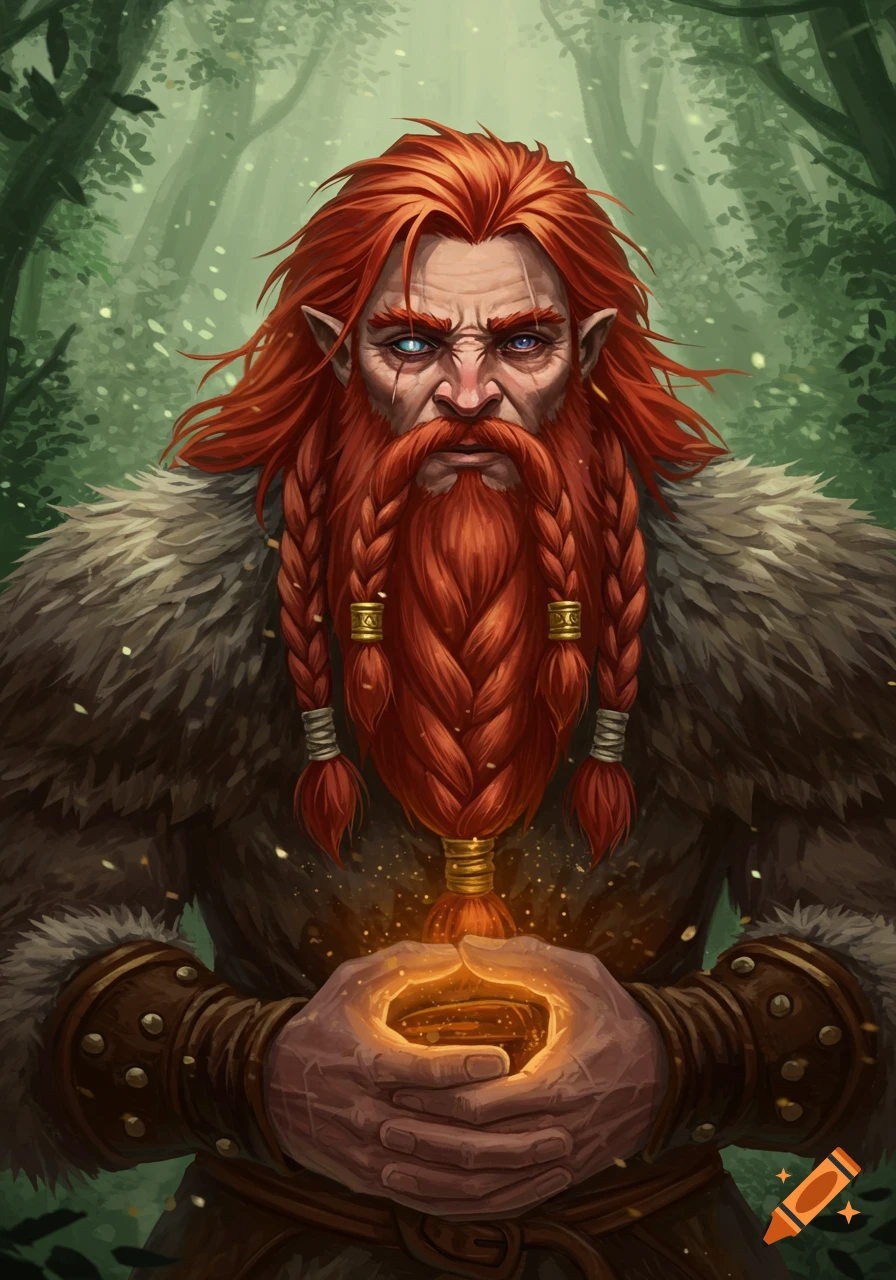 A red-haired, bearded firbolg with glowing blue eyes holds a magical orb in a mystical forest.