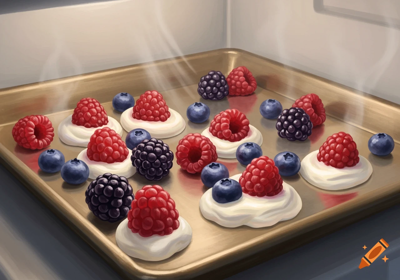 Red raspberries, black blackberries, and blue blueberries sit on dollops of white cream on a gold baking sheet.