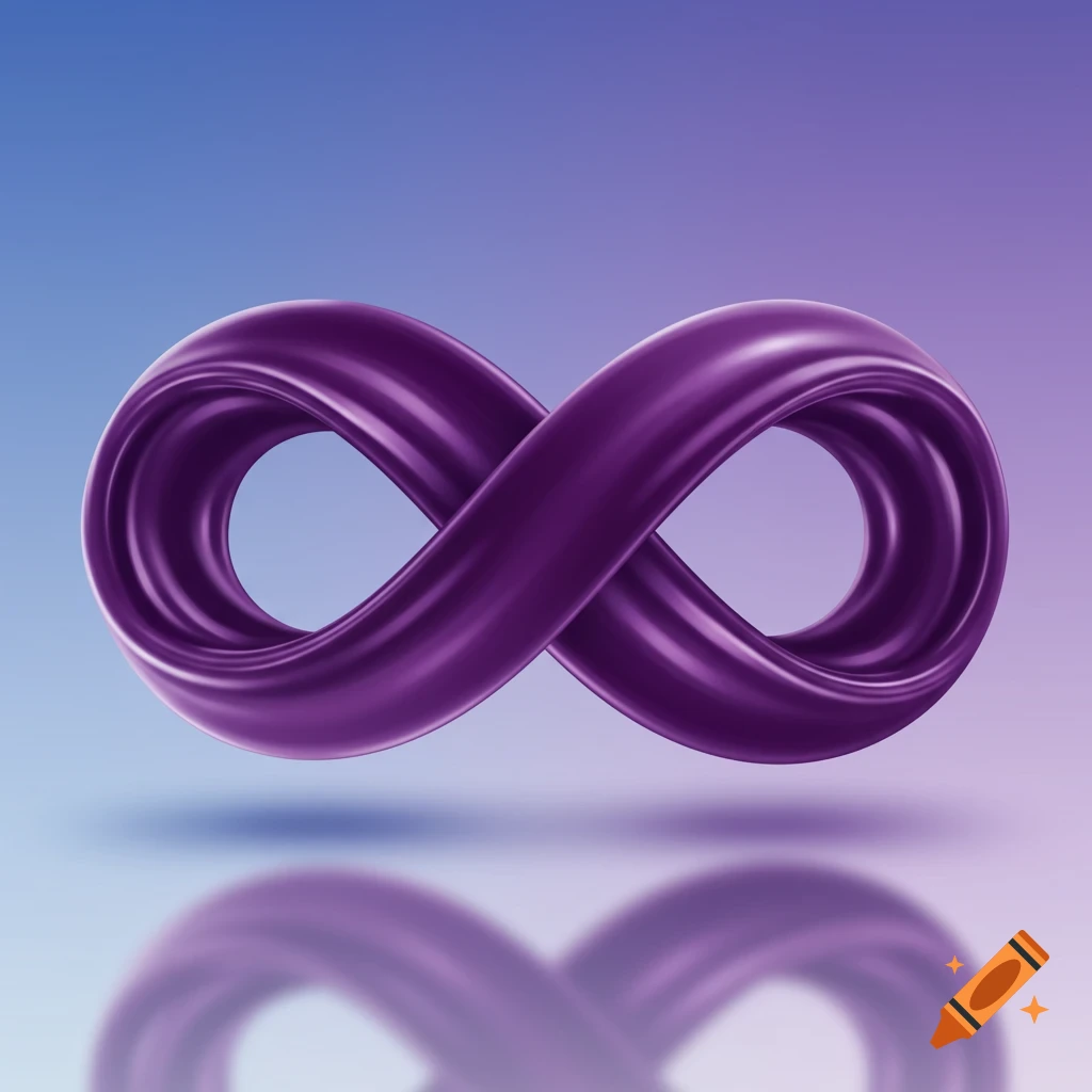 A purple glossy infinity symbol floating above a reflective surface with a gradient blue and purple background.
