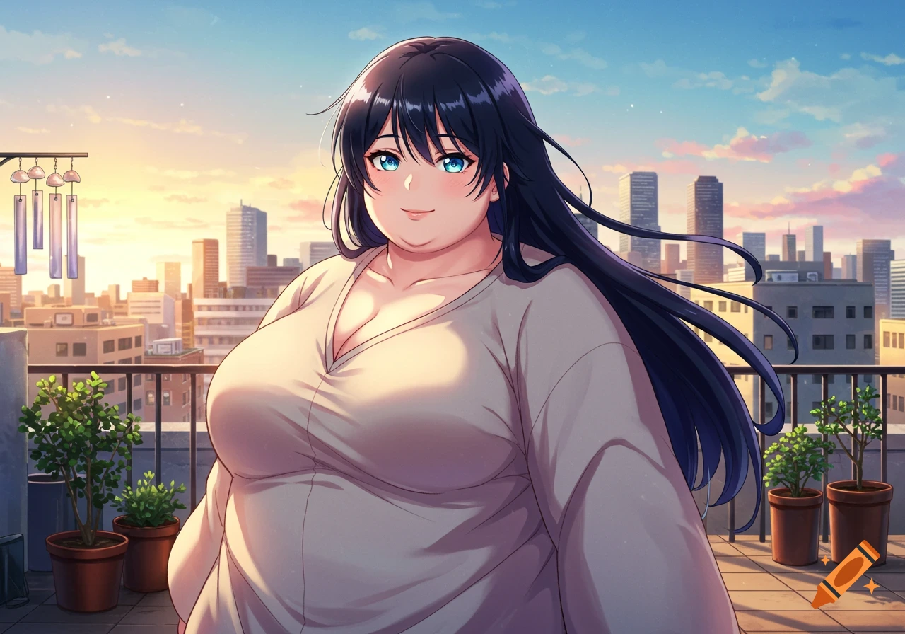 A plus-size anime girl with black hair and blue eyes smiles on a rooftop overlooking a city at sunset.