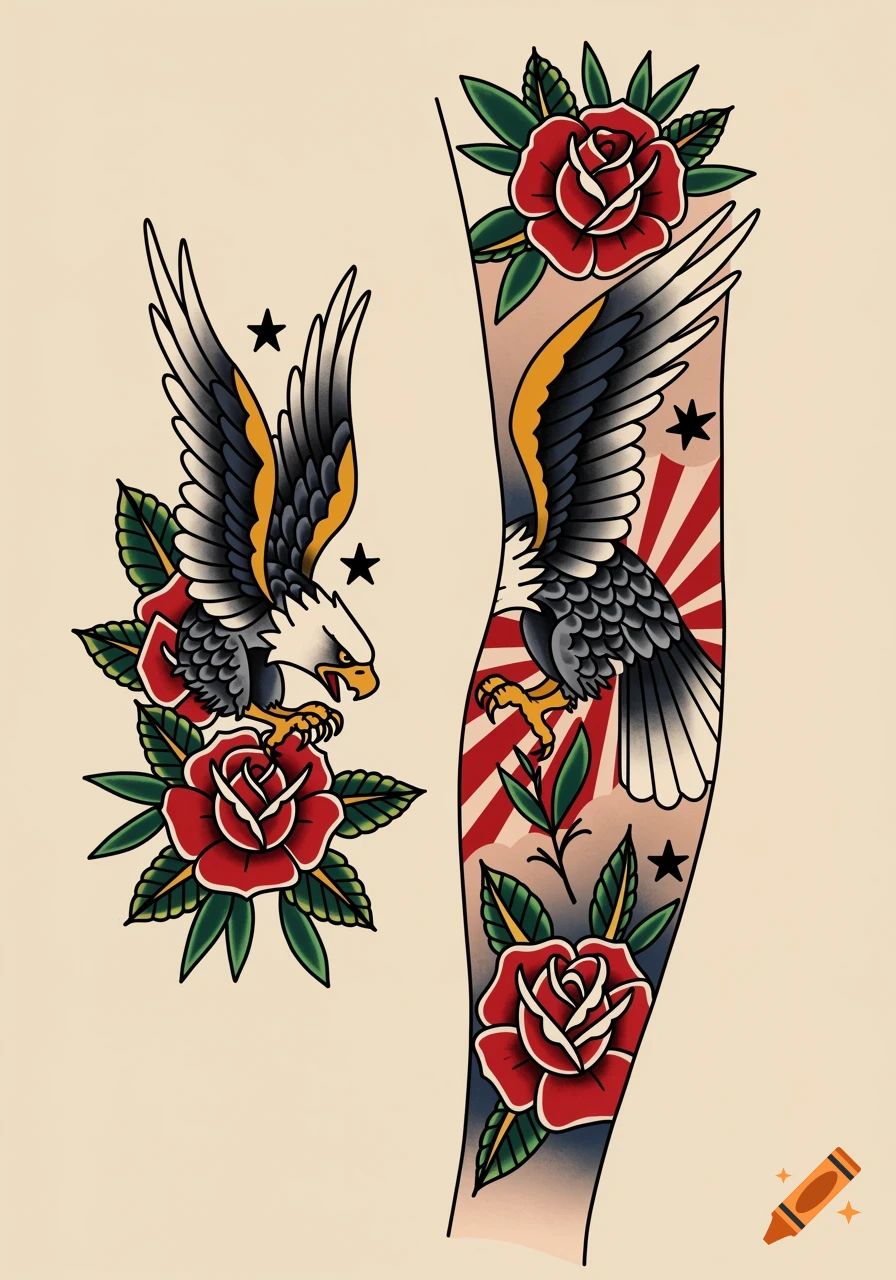 Traditional American tattoo designs featuring two eagles, roses, and stars, one as an arm sleeve.