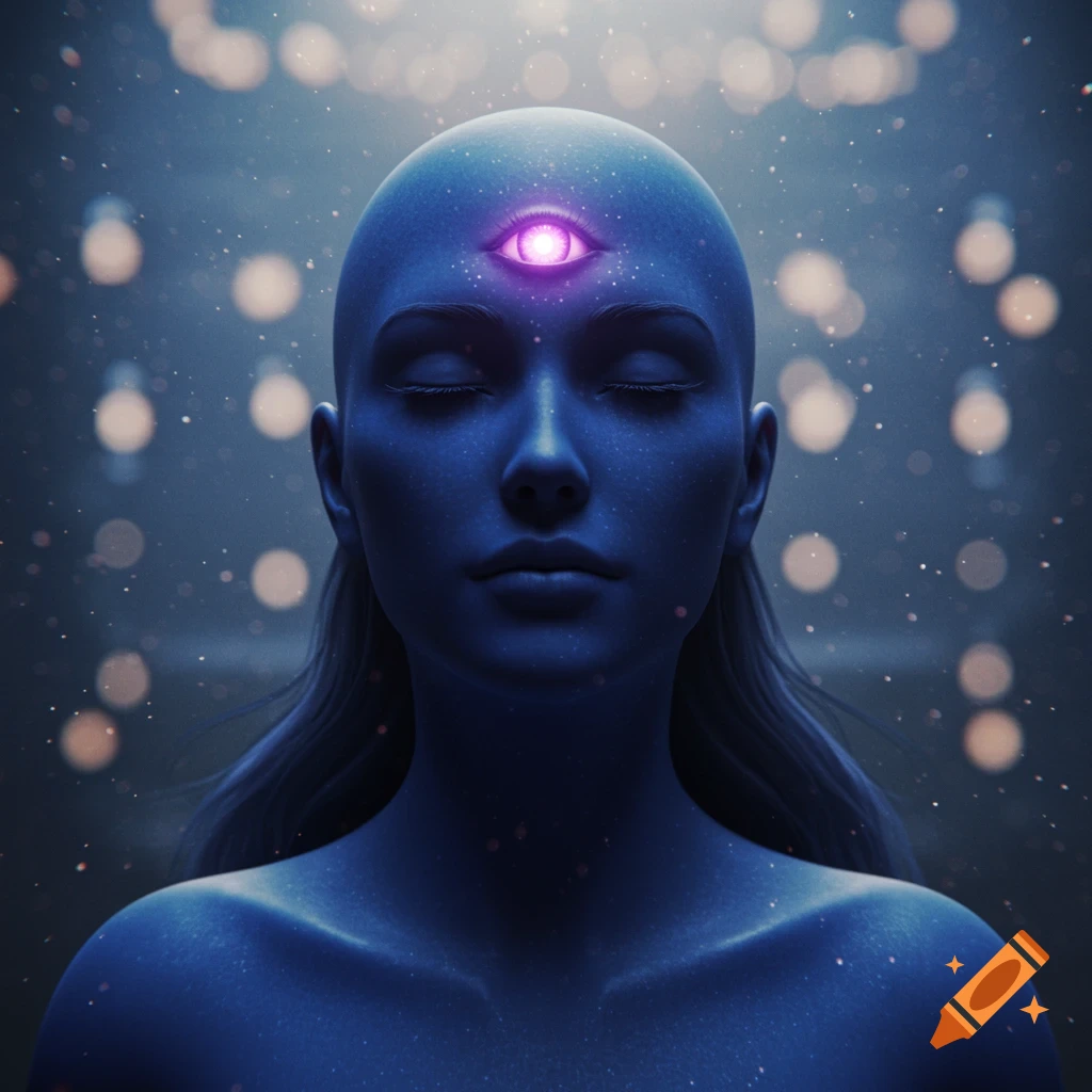 A blue-skinned person with closed eyes and a glowing purple third eye on their forehead, set against a dark, sparkling background with bokeh.