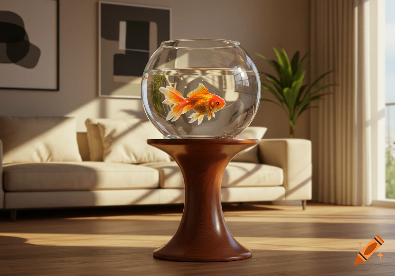 A photorealistic image of a goldfish swimming in a clear glass bowl on a tall wooden pedestal in a sunlit living room.