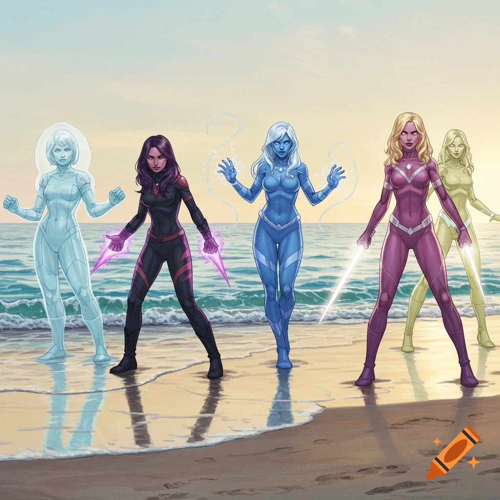 Five female superheroes in various colored suits, each with distinct powers and abilities, stand on a sandy beach as waves lap at their feet under a clear sky.