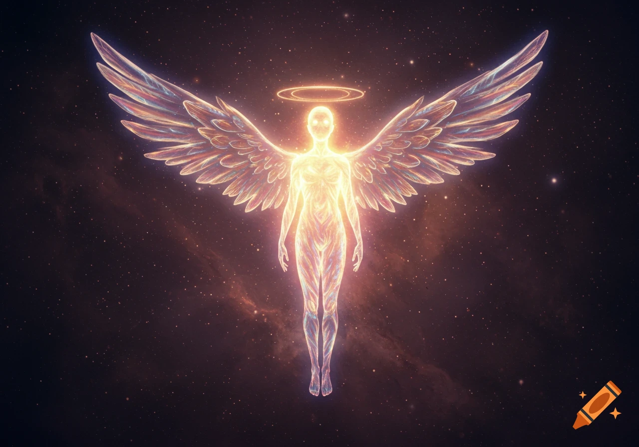 A glowing, ethereal humanoid figure with large, translucent, iridescent wings and a halo floats in a starry cosmic background.
