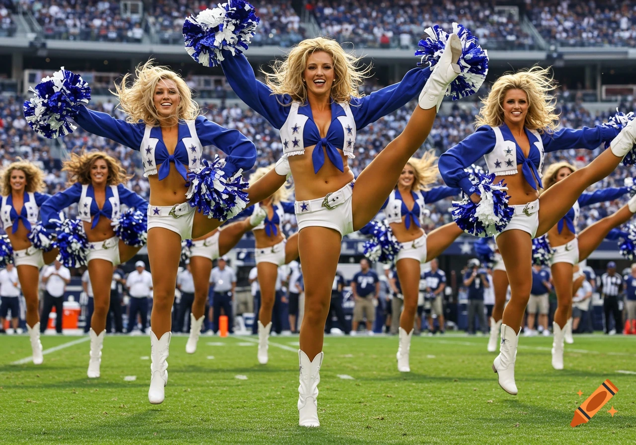 Dallas Cowboys cheerleaders perform a kick line on a football field in their white and blue uniforms.