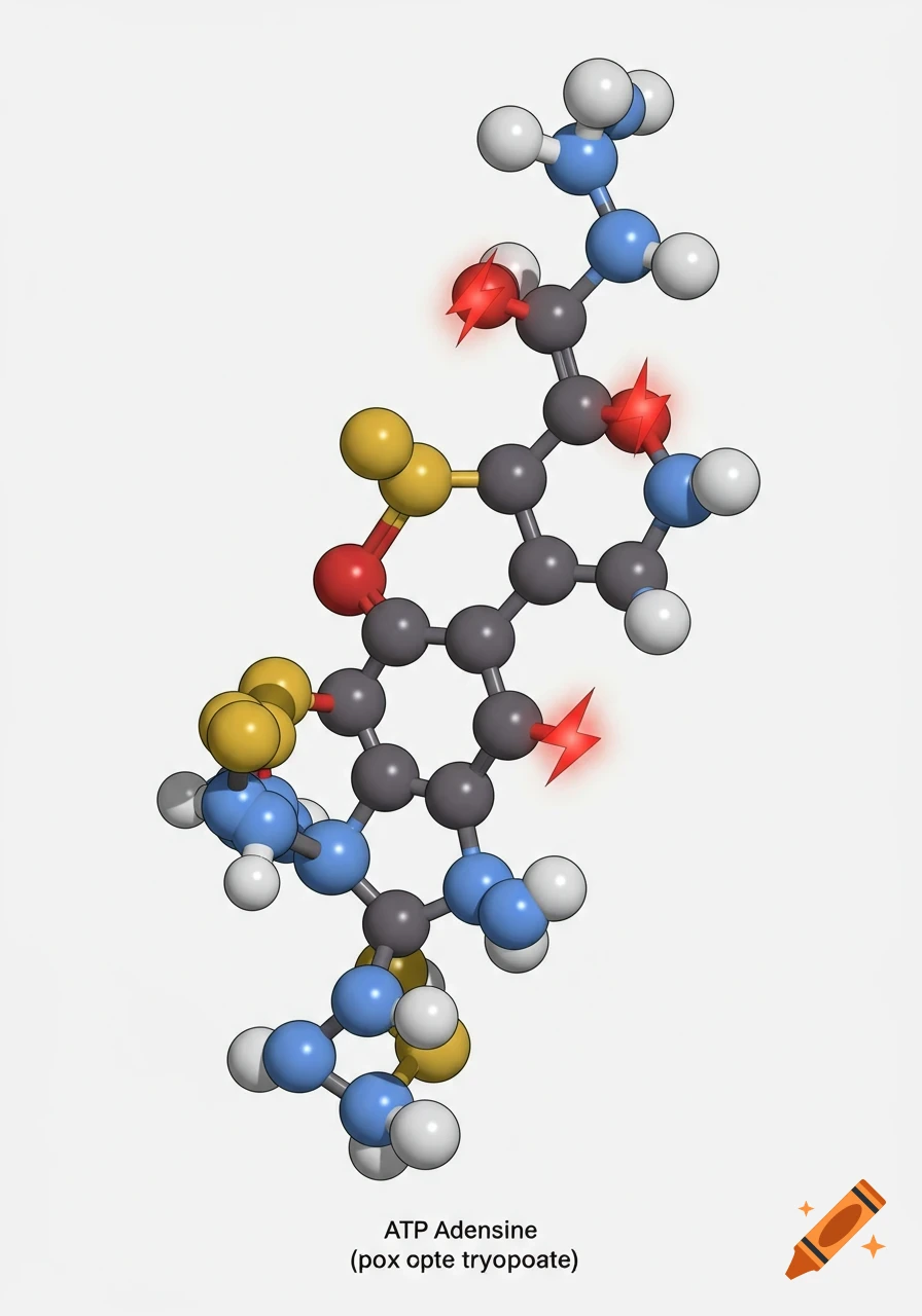 A 3D ball-and-stick model of a molecule with red lightning bolts indicating high energy bonds, labeled "ATP Adenosine".