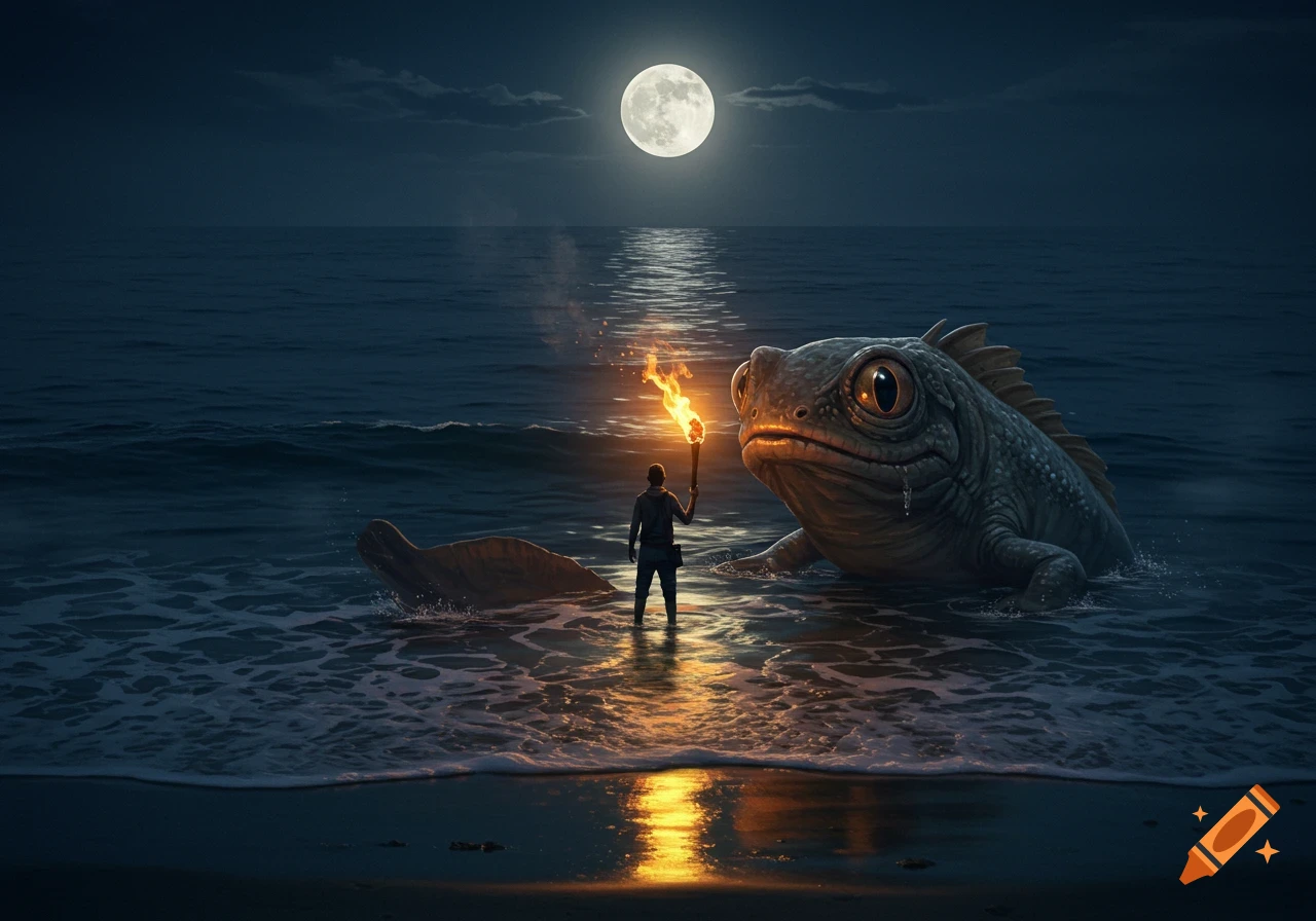 A lone human stands in the ocean at night, holding a lit torch, facing a giant mud skipper creature under a full moon.