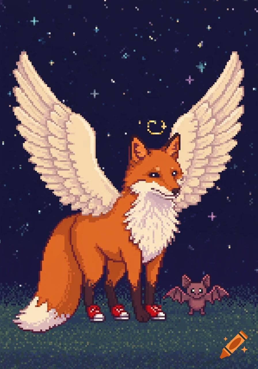 A pixel art image of an orange fox with large white wings, a gold halo, and red shoes, standing beside a small brown bat under a starry night sky.