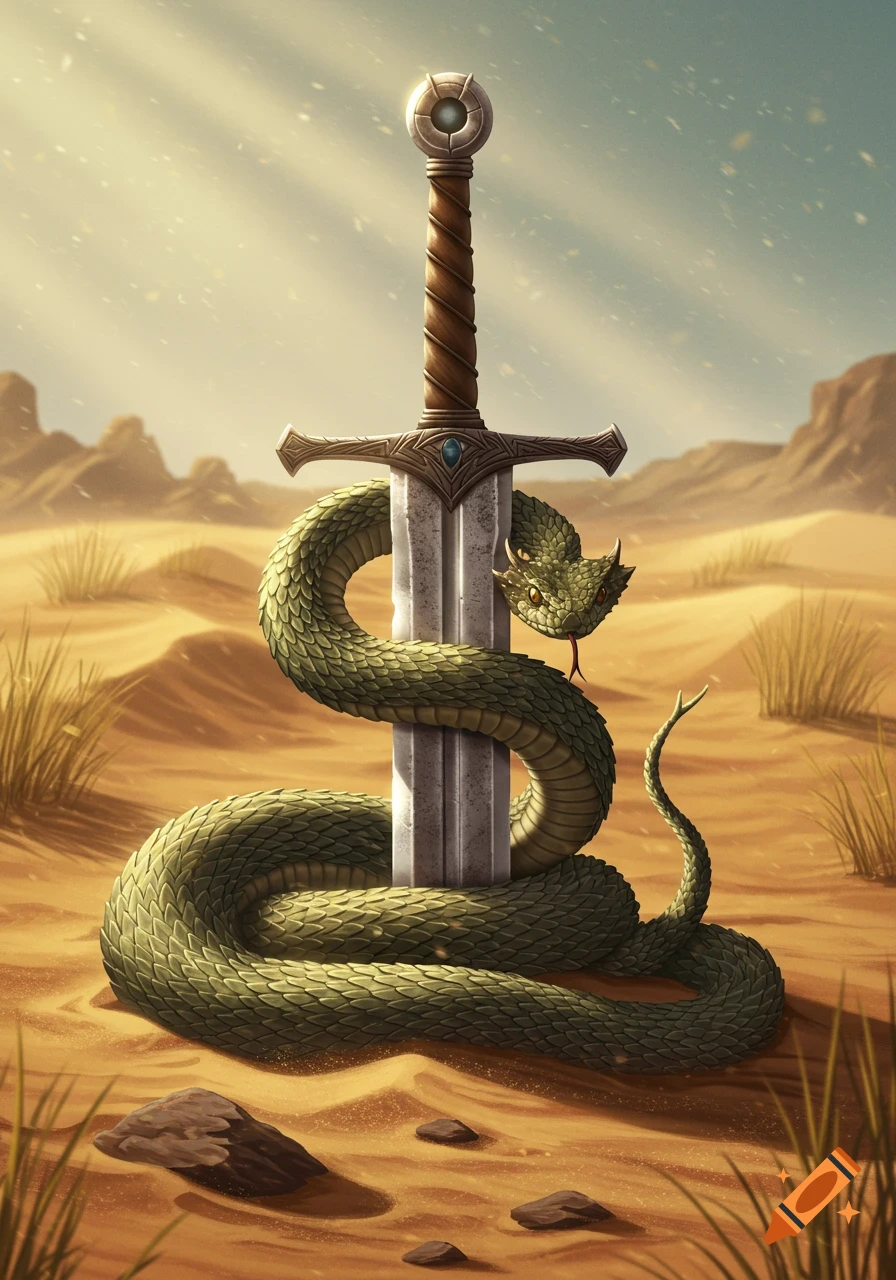 A fantasy illustration of a large green horned viper wrapped around a zweihander sword planted in the sand dunes of a desert.