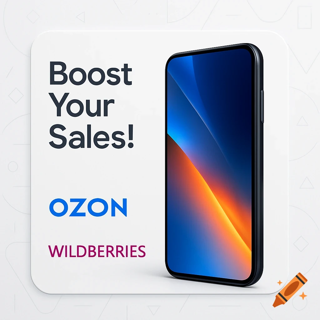 A smartphone on a white background with geometric patterns and text 'Boost Your Sales! OZON WILDBERRIES'.
