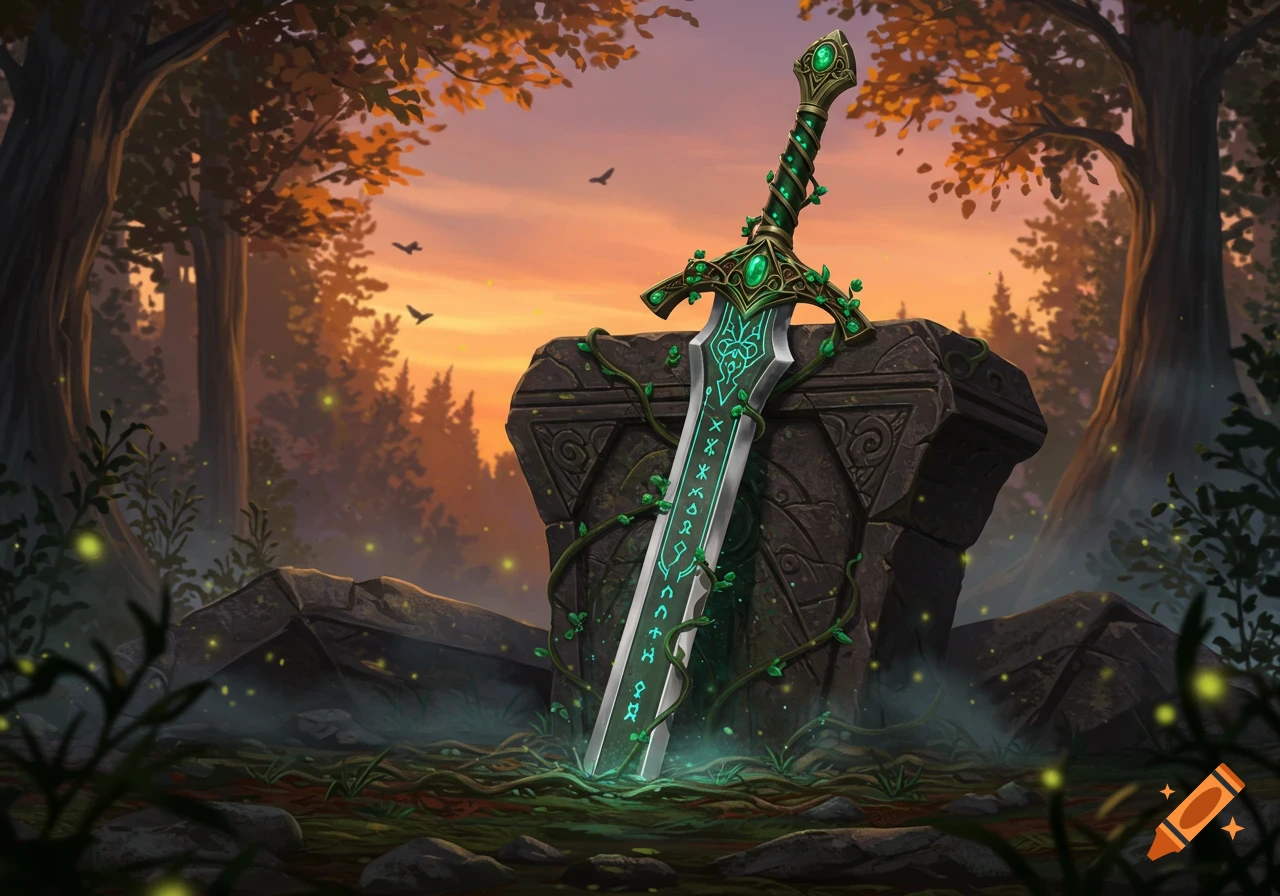 A runic longsword with an emerald and gold hilt, glowing green, stuck in a stone monument in an enchanted forest at sunset.