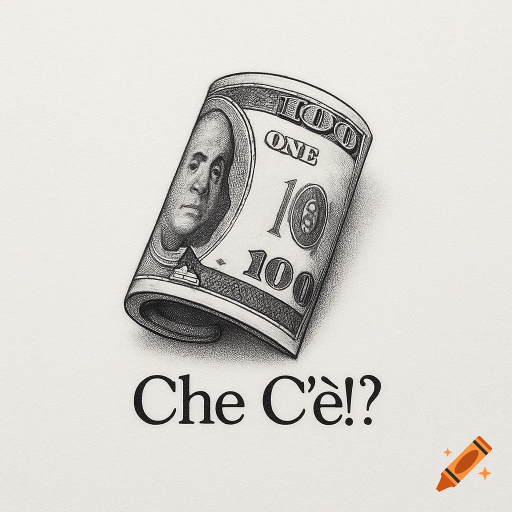 Minimalist stipple art illustration of a partially rolled one hundred dollar bill with the phrase "Che C'è!?" written below it.