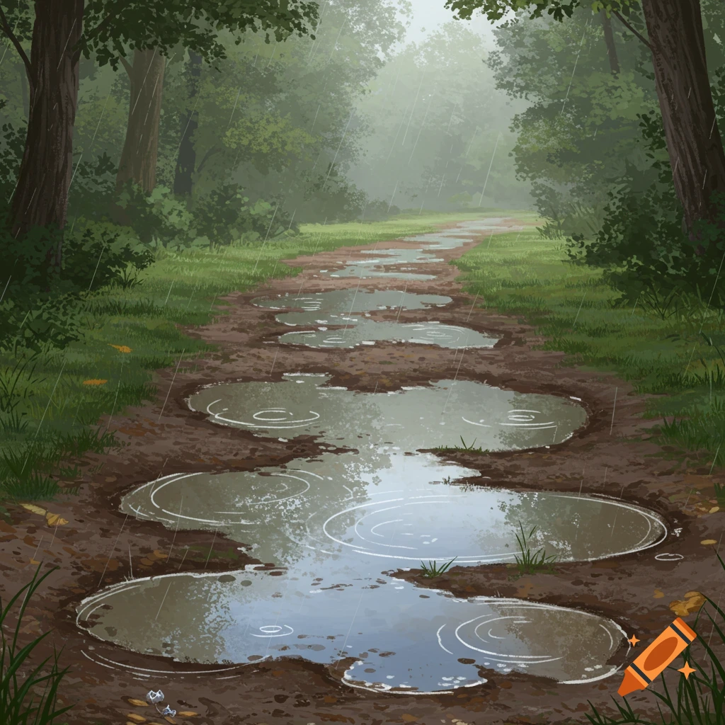 A muddy path winding through a lush forest on a rainy day, with puddles reflecting the sky and rain ripples on the surface.