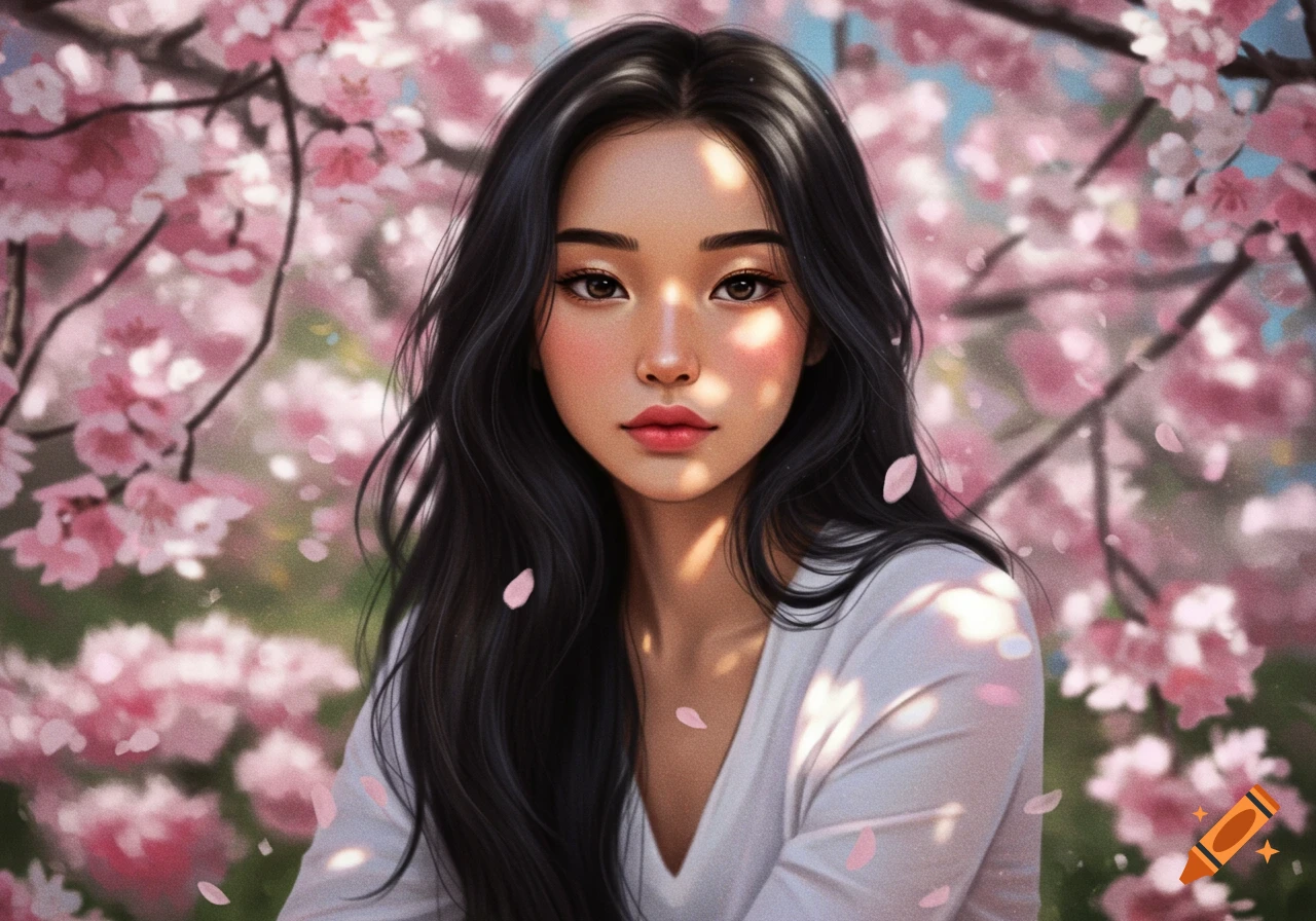A beautiful digital art portrait of a young woman with long dark hair, set against a vibrant background of pink cherry blossoms.