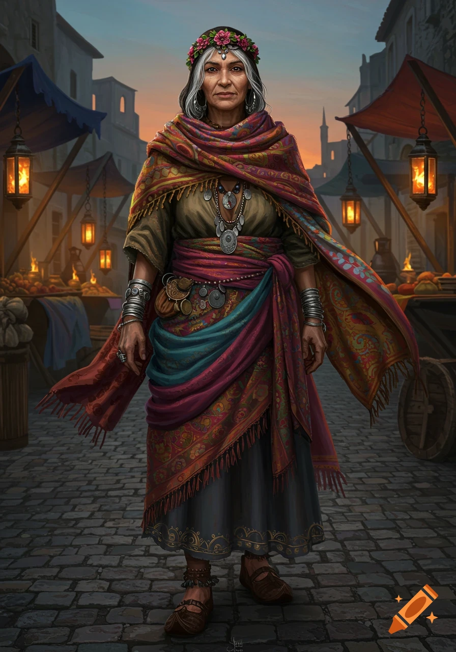 An older woman in vibrant, layered traditional clothing and flower crown stands in a detailed old-world market scene at dusk.