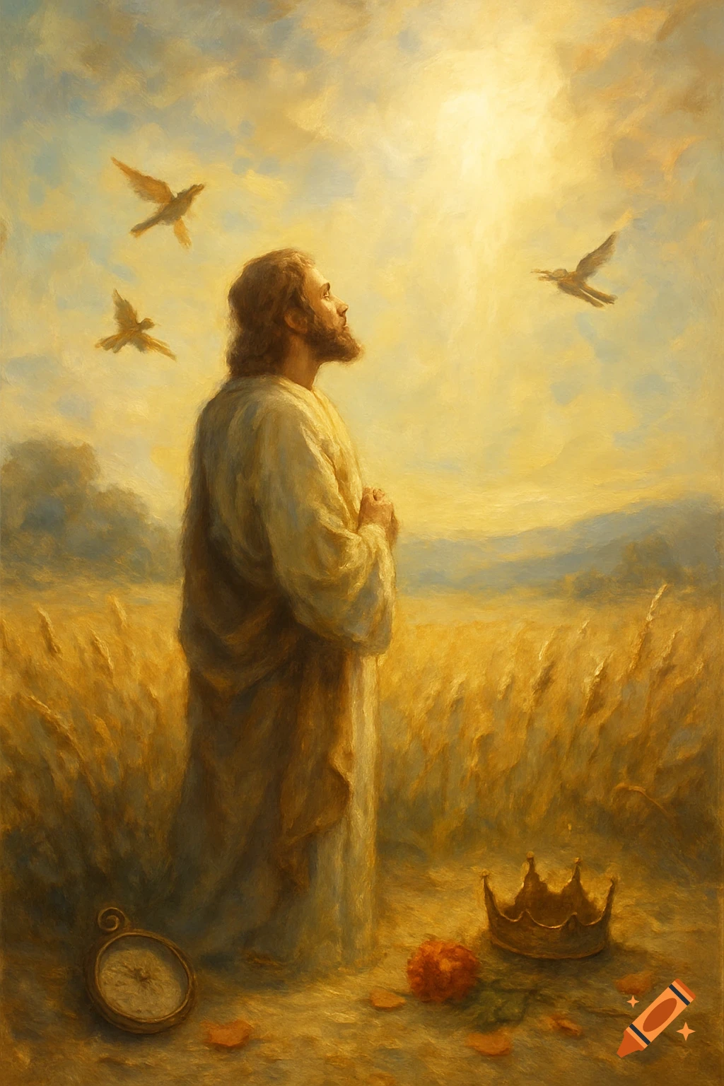A bearded figure resembling Jesus in white robes stands in a golden wheat field, looking up at a bright sky with birds flying. A crown, rose, and pocket watch lie at his feet.