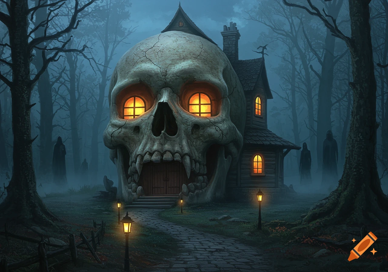 A spooky skull-faced house with glowing windows sits on a path in a dark, misty forest with shadowy figures.