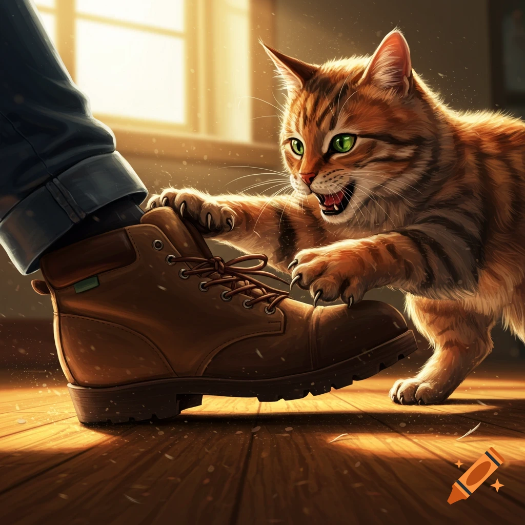 An orange tabby cat with green eyes playfully scratches a brown leather boot on a wooden floor in a sunlit room, photorealistic.