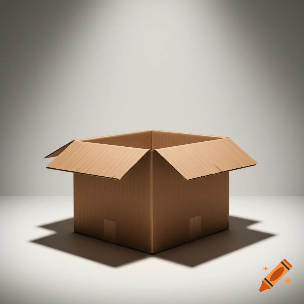 An open, empty cardboard box on a plain light surface with dramatic shadows, photorealistic.