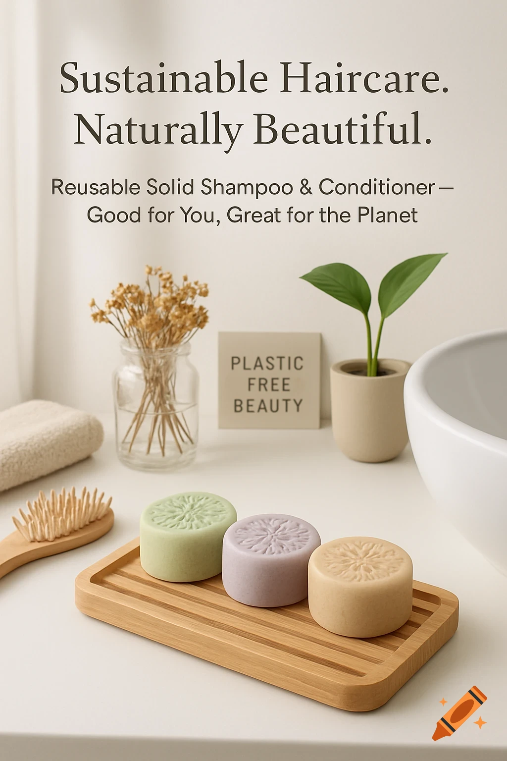 Pastel-colored solid shampoo and conditioner bars on a bamboo tray in a minimalist bathroom with eco-friendly decor, including a plant and dried flowers. Text overlays read "Sustainable Haircare. Naturally Beautiful." and "Reusable Solid Shampoo & Conditioner – Good for You, Great for the Planet." and "PLASTIC FREE BEAUTY".