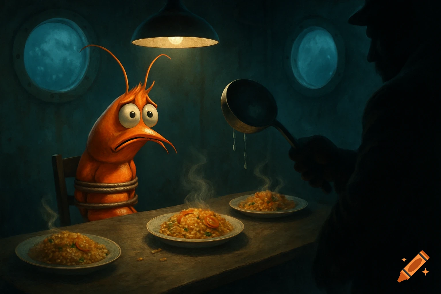 A cartoon shrimp tied to a chair watches a silhouetted person serve fried rice in a dark room.
