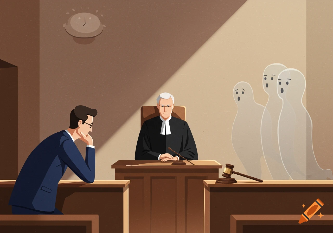 A minimalist illustration of a courtroom with a judge, a contemplative attorney, and three sad ghost-like figures standing on the right.