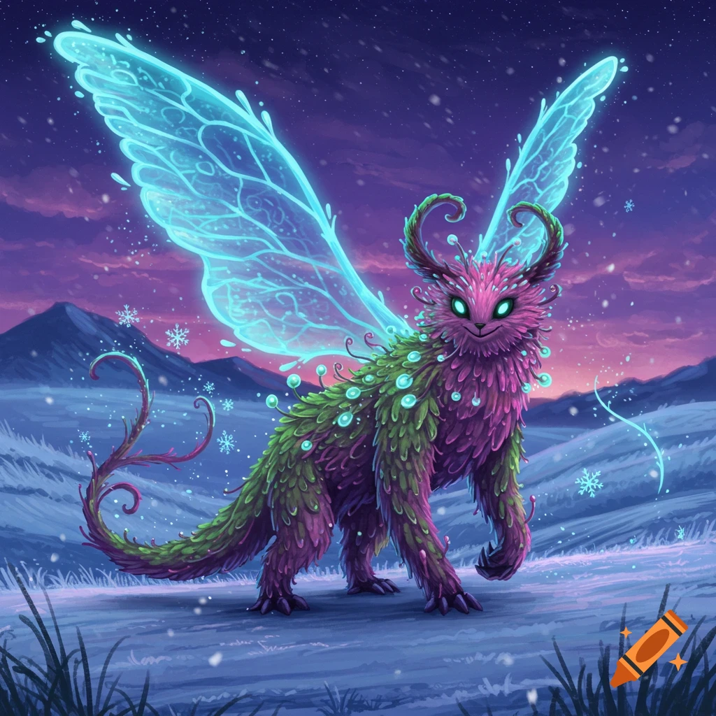 A vibrant pink and green fuzzy creature with glowing blue wings and green eyes stands in a snowy winter landscape.
