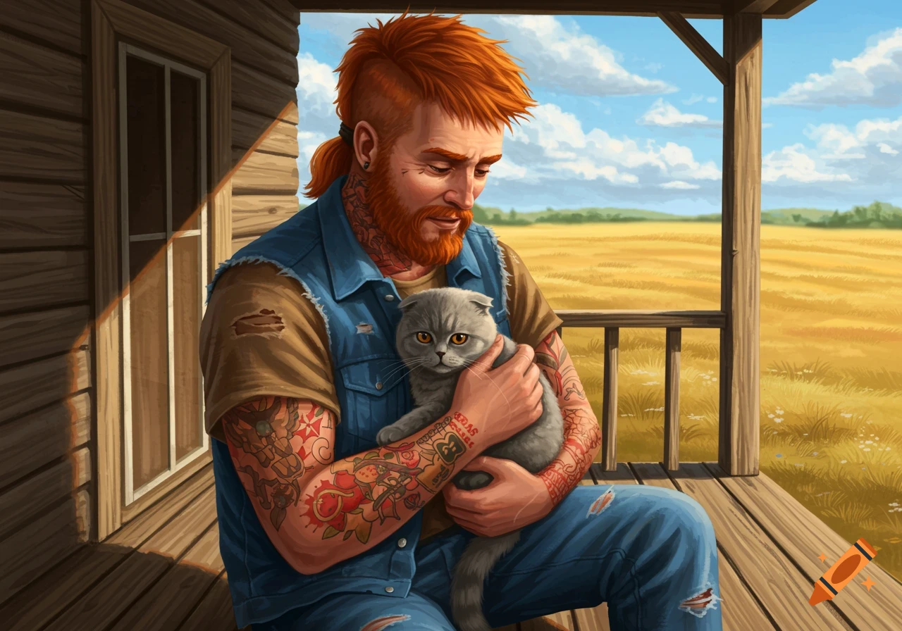 A red-haired man with tattoos and a denim vest sits on a porch, gently cuddling a grey Scottish Fold cat. A golden field is visible in the sunny background.