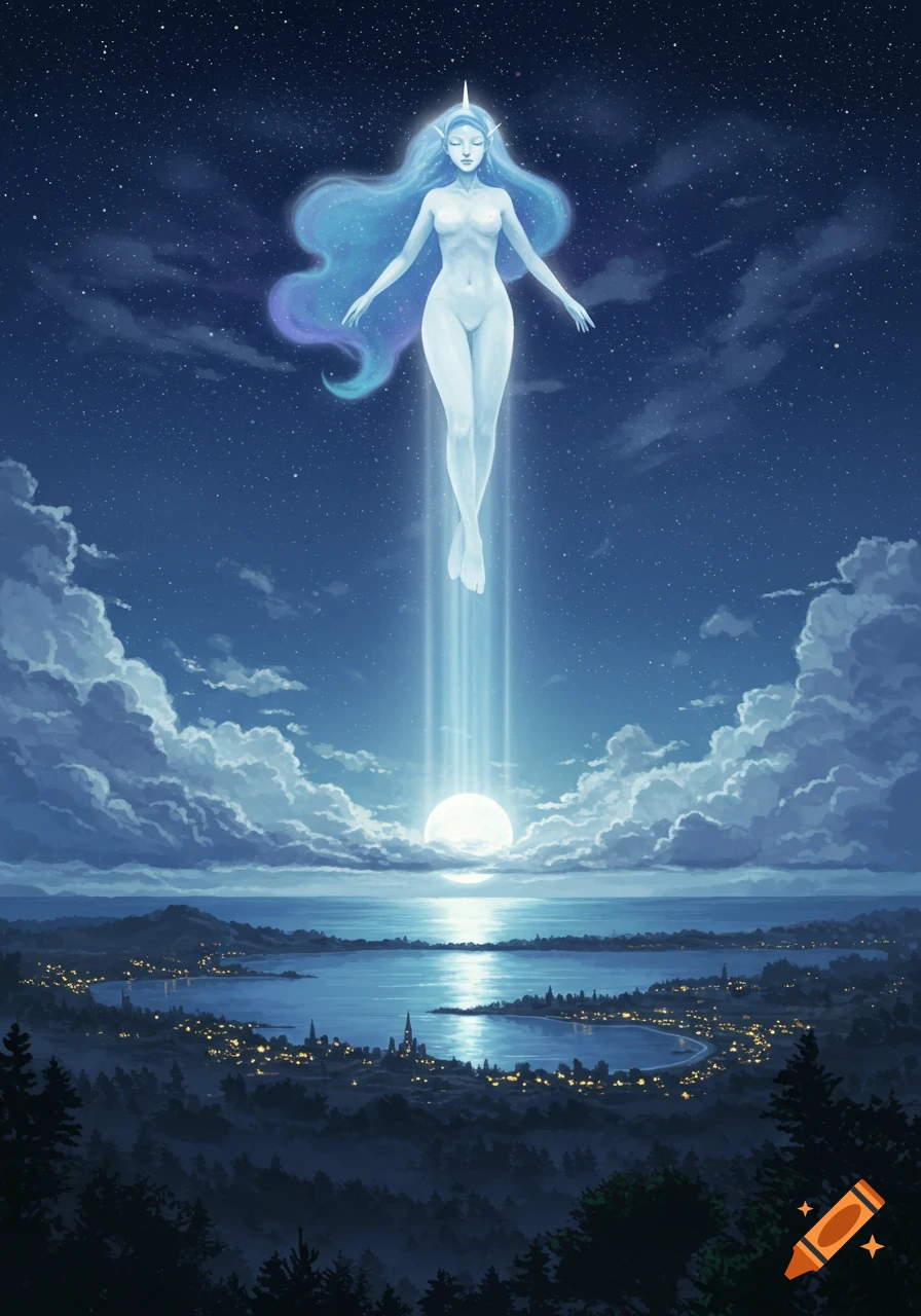 A glowing, blue-haired goddess floats above a moonlit lake, forest, and town under a starry night sky. Stylized illustration.