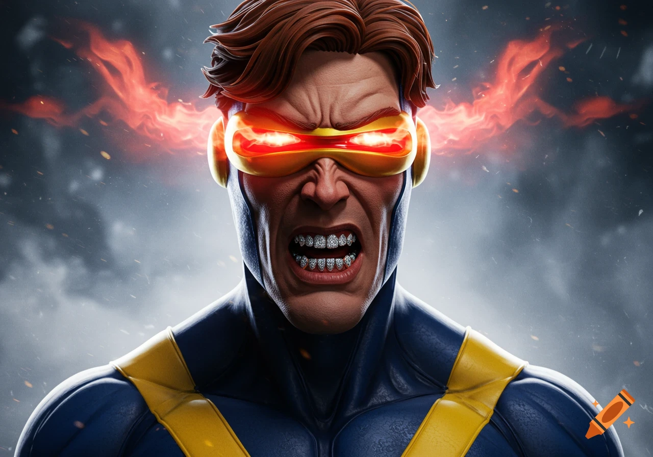 Close-up 3D render of Cyclops from X-Men 97, wearing a blue and yellow suit, red glowing visor, and diamond grills, with optic blasts.