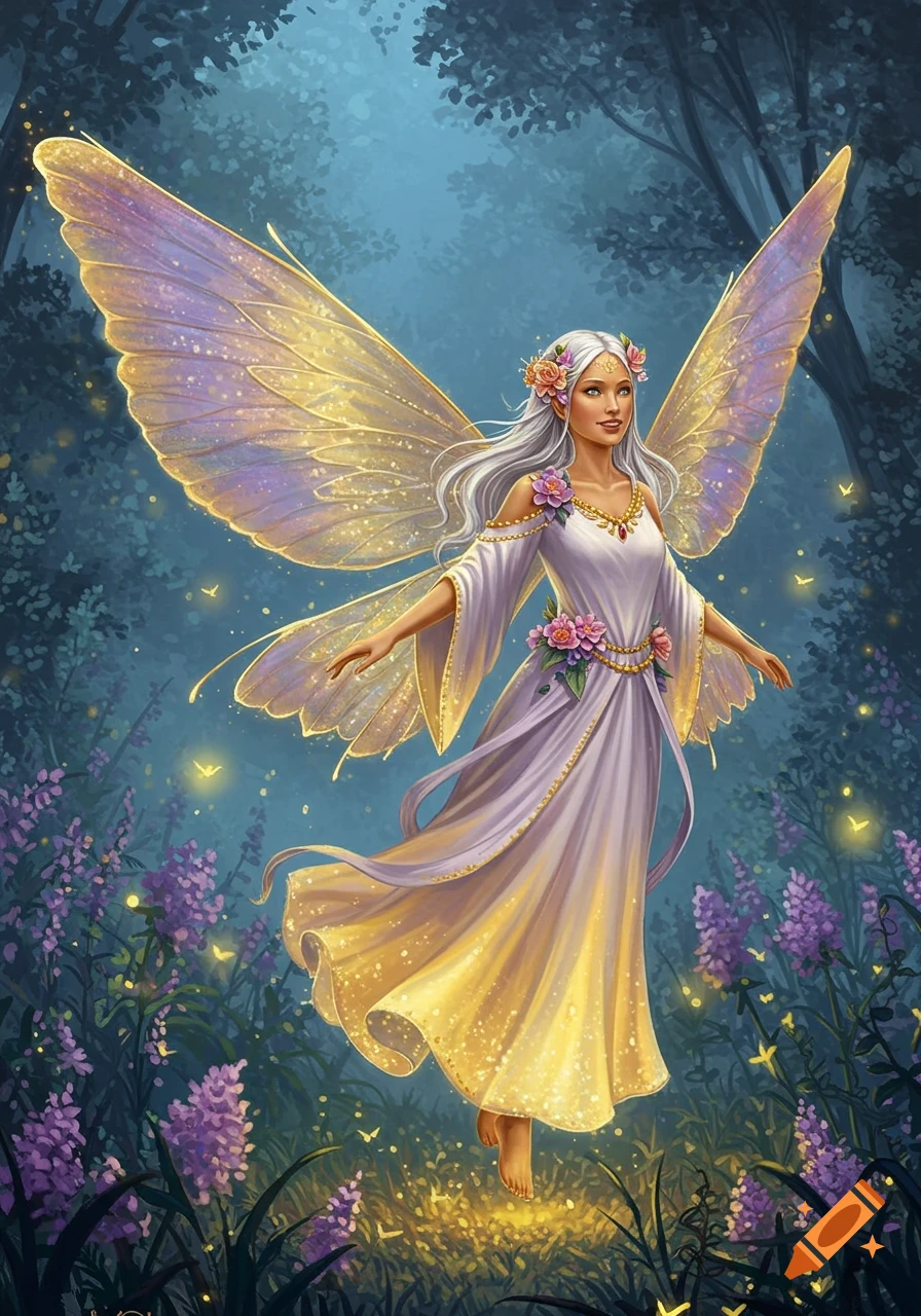 A fairy with large, golden-purple wings floats in a mystical forest among purple flowers and glowing fireflies, digital painting.