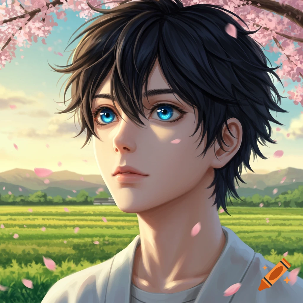 An anime boy with striking blue eyes and dark hair gazes up under pink cherry blossoms, with a green field and mountains behind him.