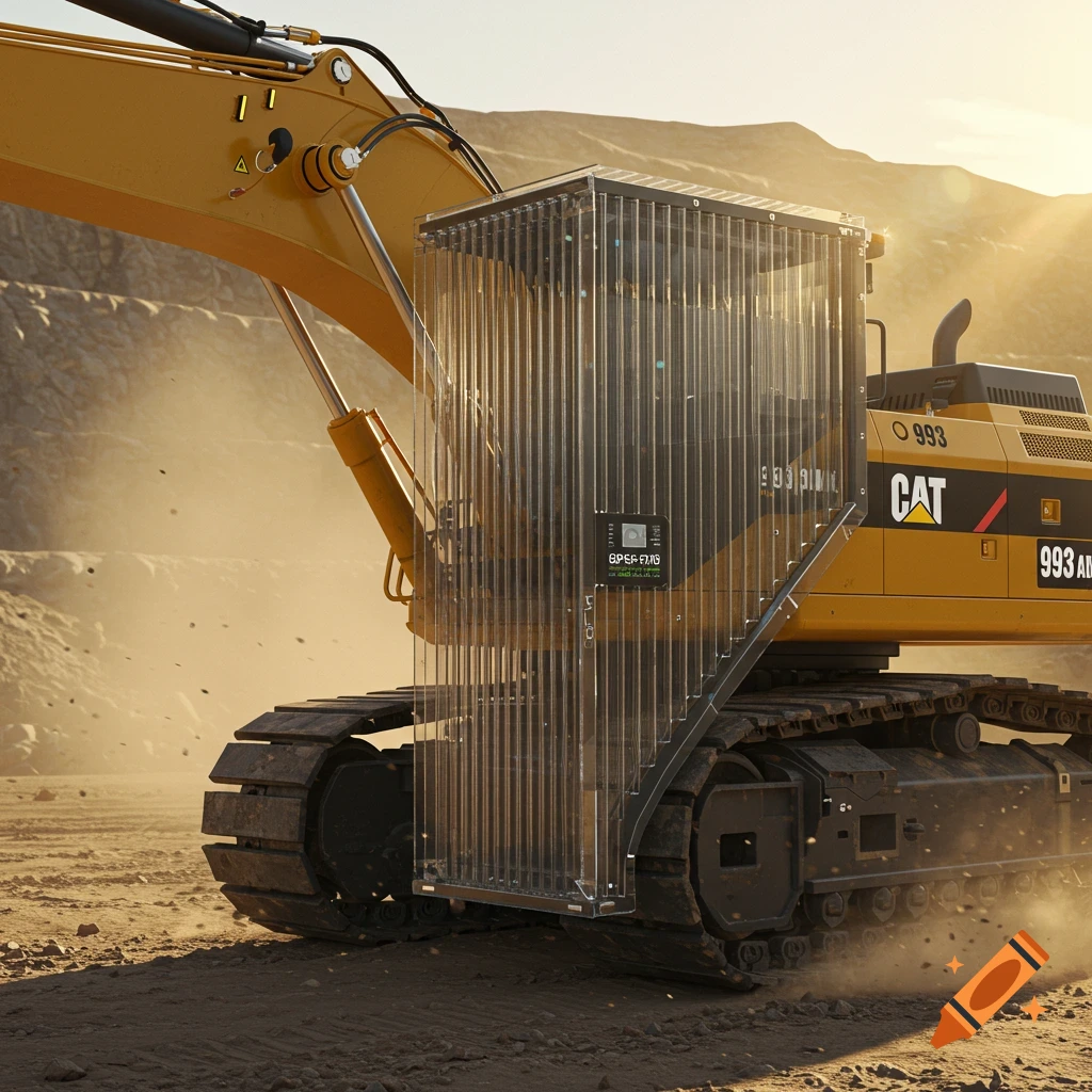 A yellow excavator with a transparent plexiglass rock guard on its side, working in a dusty, sunlit mining or construction site.