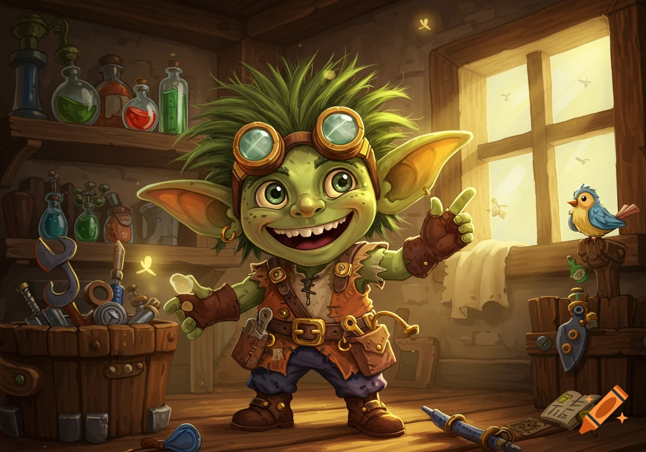 A cute green goblin artificer with goggles and spiky hair stands in a cozy workshop filled with tools and potions, rendered in a cheerful cartoon style.
