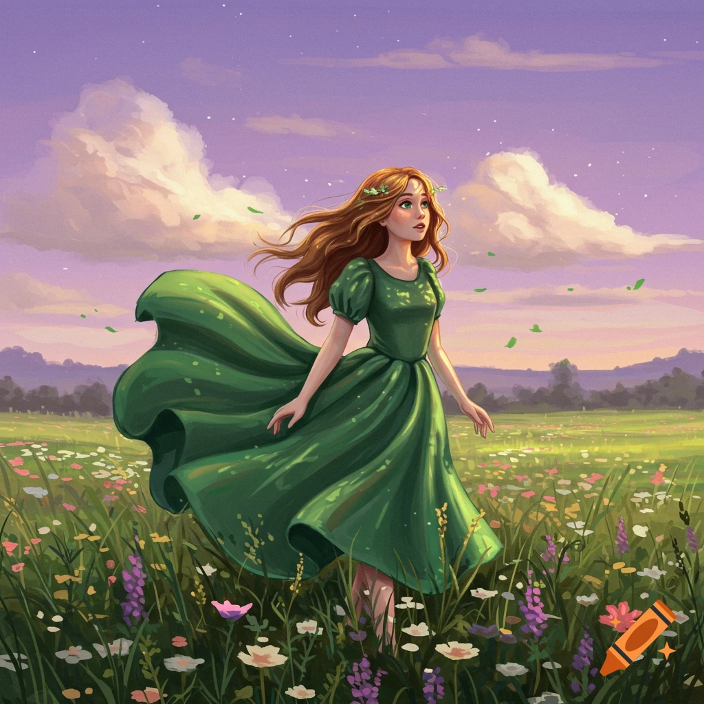 Illustrated girl in a green dress with flowing hair standing in a field of wildflowers under a purple sky.