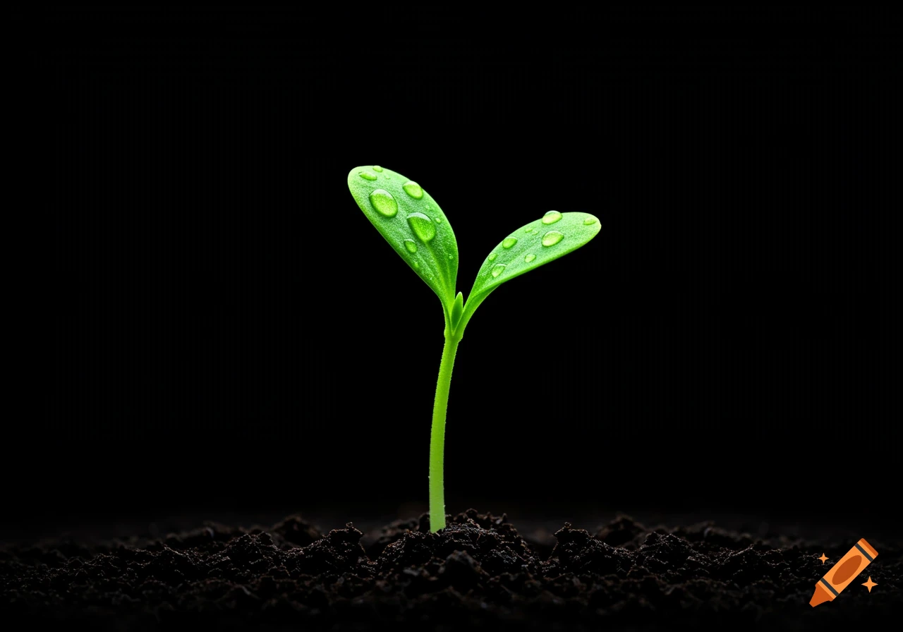 A vibrant green seedling with two leaves covered in water droplets sprouts from dark soil against a pure black background.