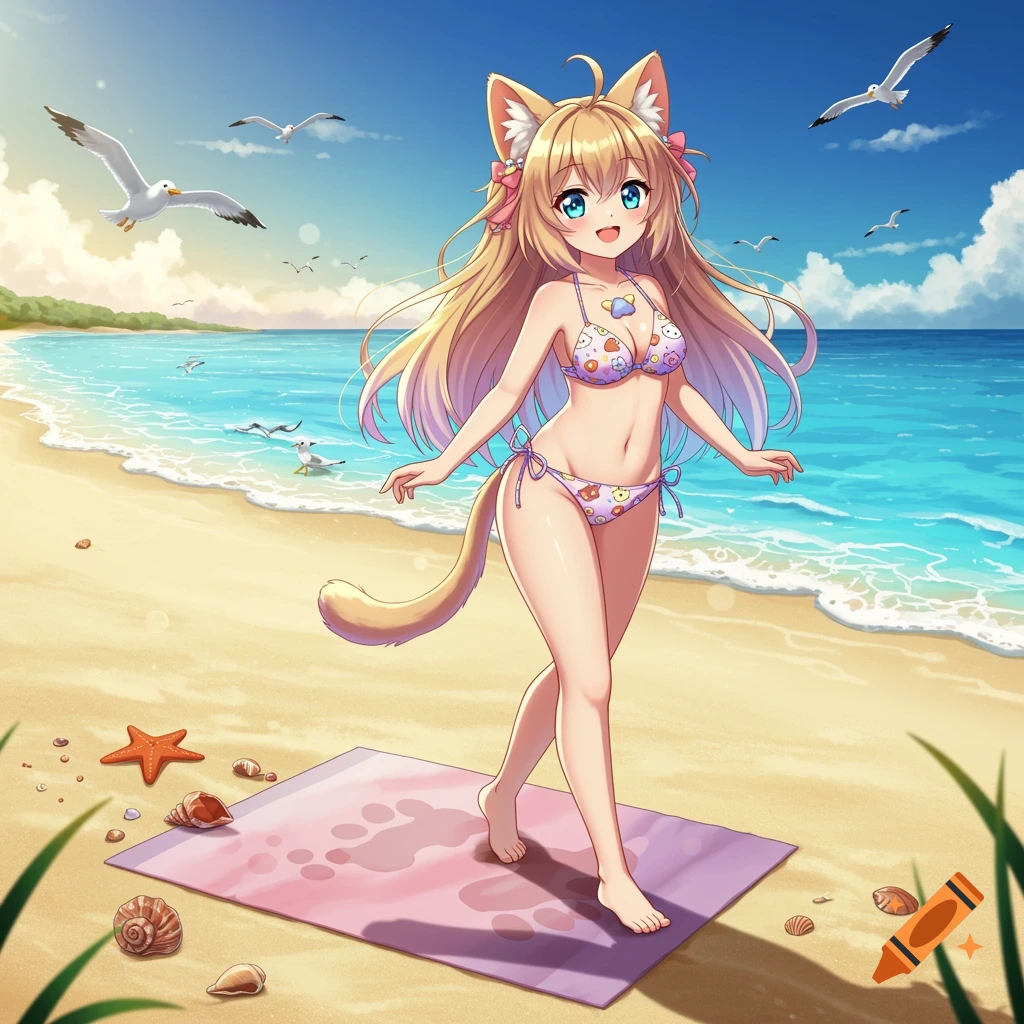 An anime cat girl with long blonde hair, cat ears, and a tail, wearing a bikini, walks on a sandy beach beside the ocean under a blue sky with seagulls.