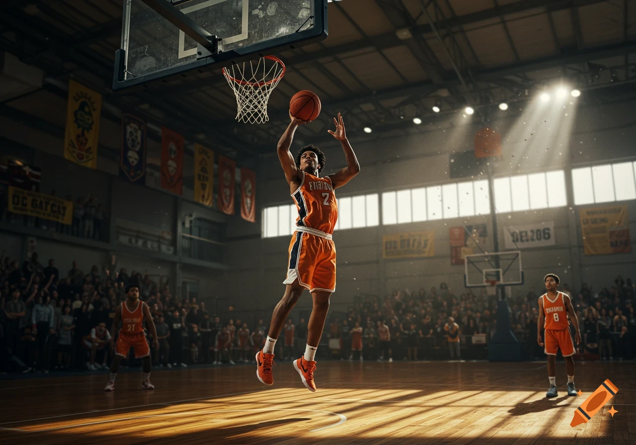 A basketball player in an orange uniform jumps to shoot a basketball in a brightly lit indoor arena with a crowd.