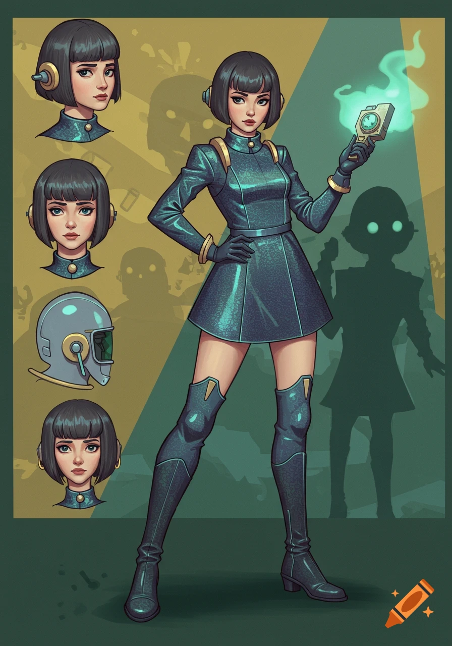 A retro-futuristic character concept sheet shows a woman in a teal dress and boots, holding a glowing device, with various head shots and a helmet.